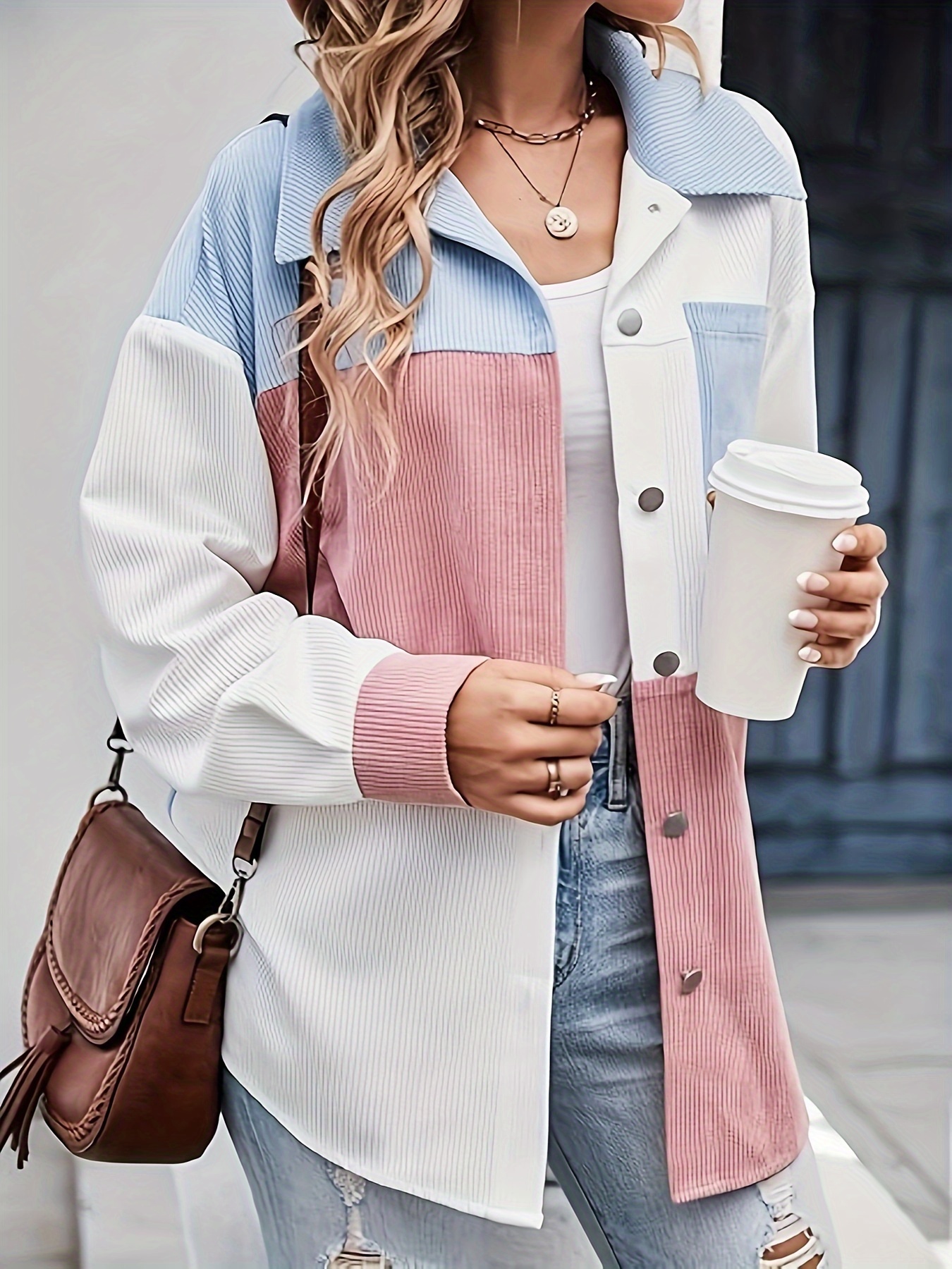 Chaqueta con botones y bloques de color, chaqueta casual de manga larga para otoño e invierno, ropa para mujer
