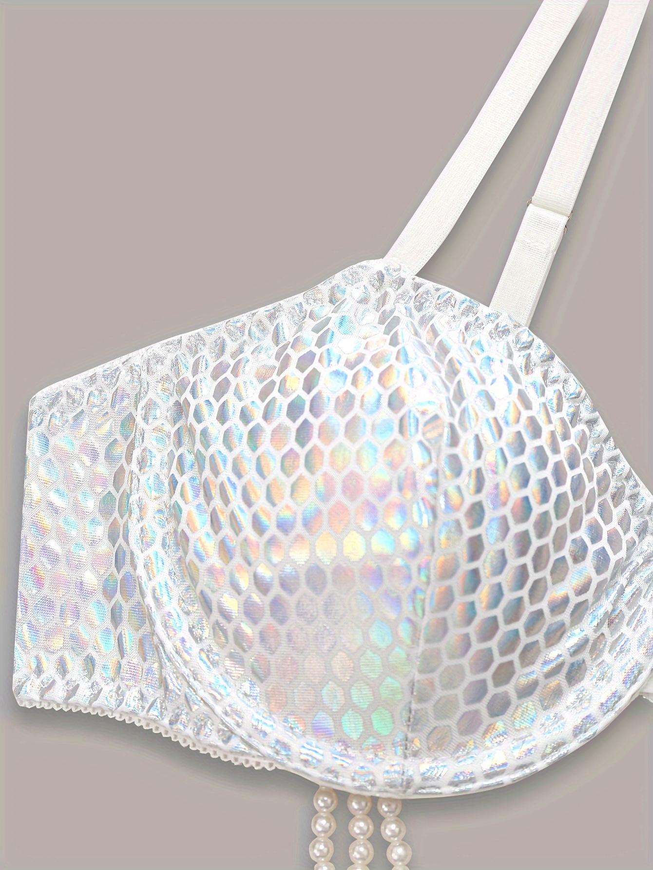 Faux Pearl Chain Detail Bra Shiny Geo Pattern Bra Women's - Temu