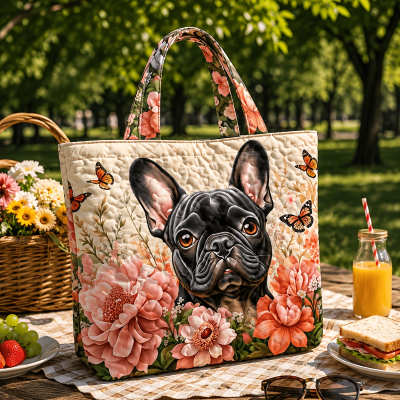 Image of Women's Tote Bag, Black French Bulldog Print With Floral And Design, Large Capacity Durable Shoulder Bag, Multiple Specifications , Perfect For Commuting, Gym, Outdoor Activities And Holiday Gift