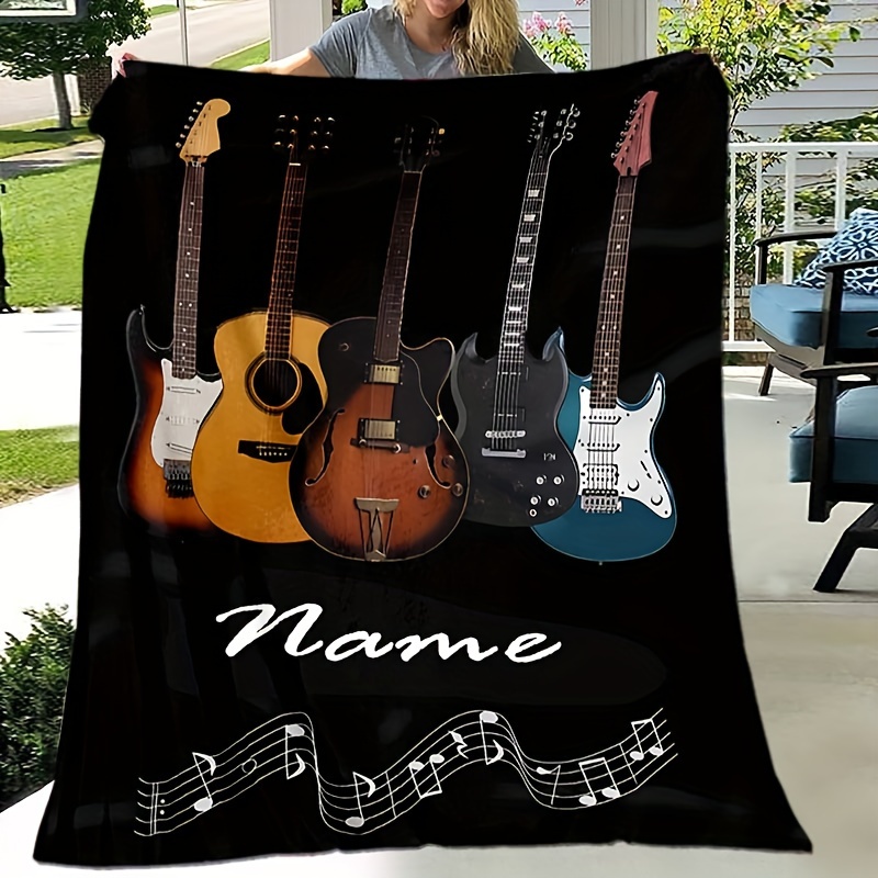 

1pc Customized Name Guitar-themed Flannel Throw Blanket - Personalized Soft And Warm Polyester Knit For Napping, Camping, Travel - Style Animal Pattern With No Embellishments