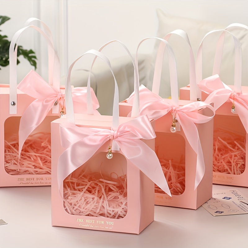 

10 Medium Size Transparent Window Handheld Gift Bag With Ribbon Bow Binding Gift Box For - Bridesmaids, Birthdays, Teachers, Valentine's Day And Christmas Gifts (pink, White, )