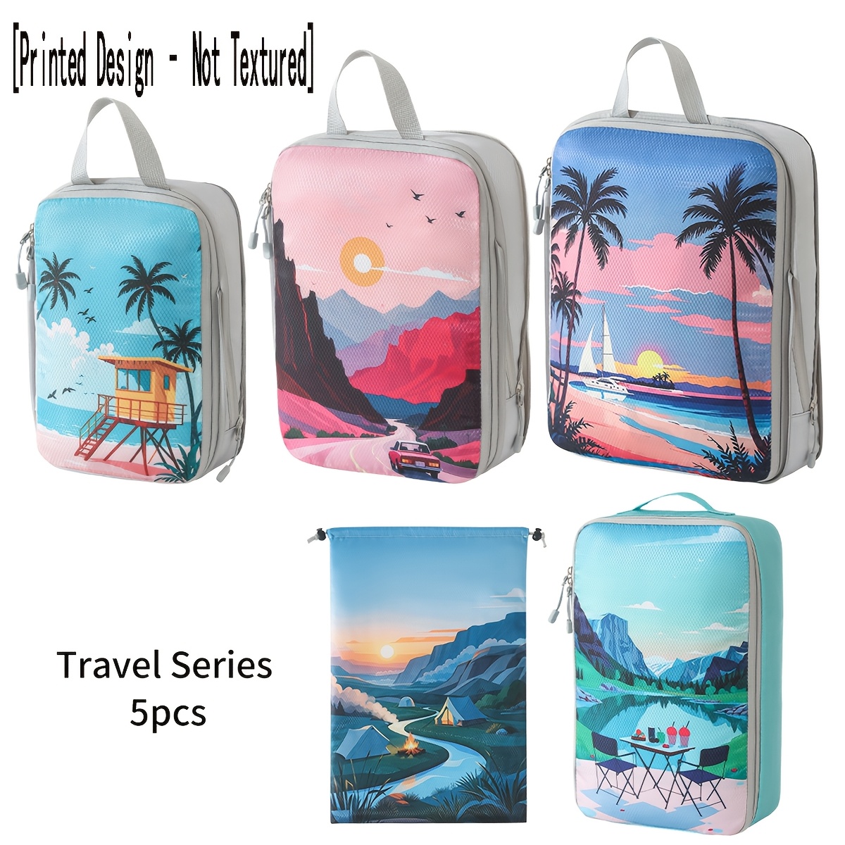 [printed Design – Not Textured] 5pcs Set Of Printed Compression Packing Organizers For Travel Luggage, Clothes, And Toiletries