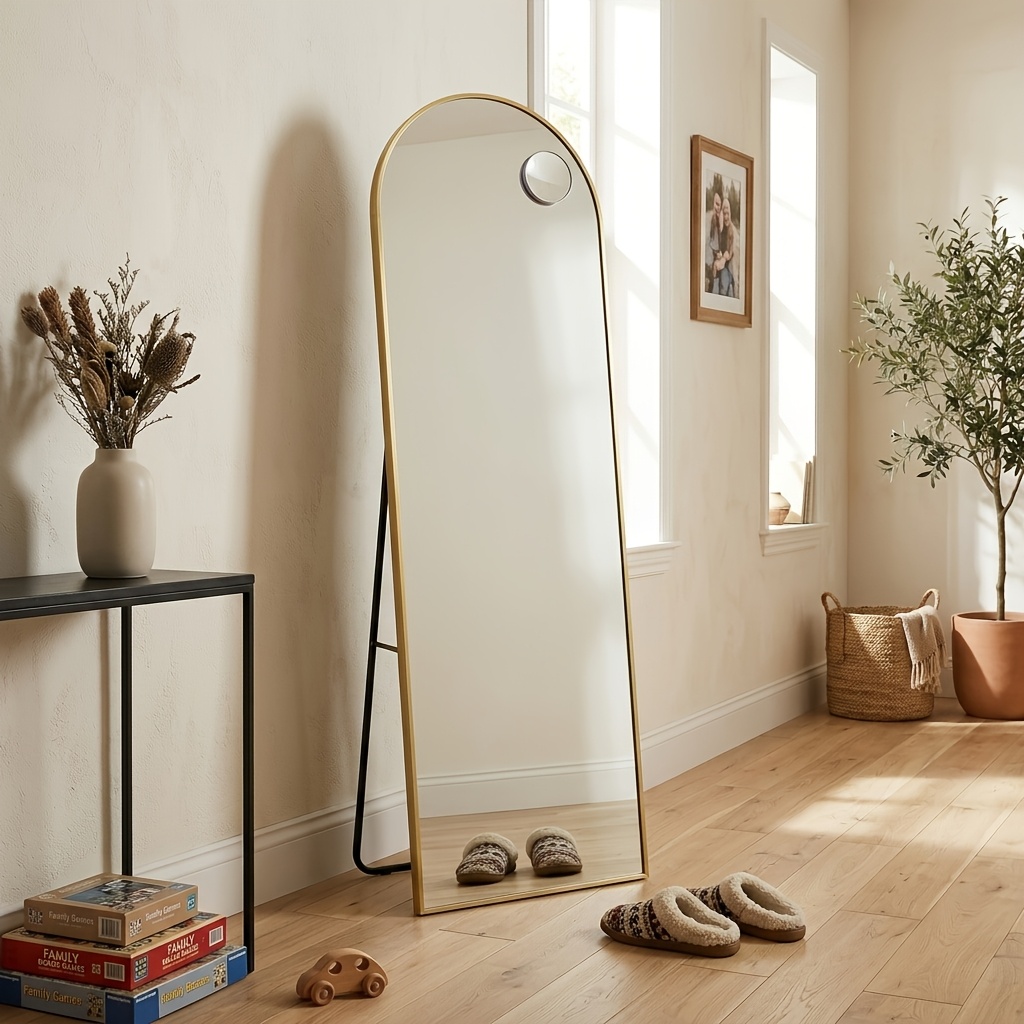 Image of Wall-mounted Standing Mirror, Arched Full-length Standing Mirror With 10x Magnifying Mirror, Tempered Glass, 150 X 40 Cm, Golden