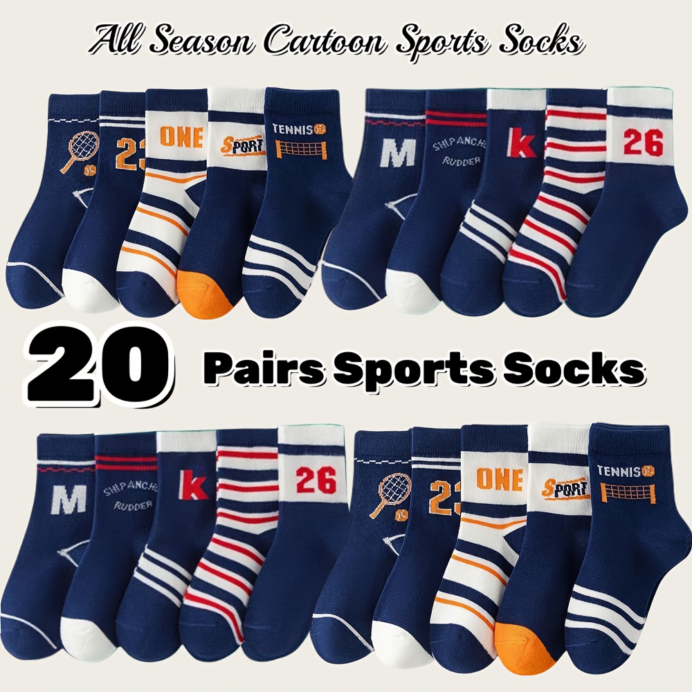 20 Pairs Boys Girls Socks Spring Autumn Sporty Socks Letter Pattern Medium Socks