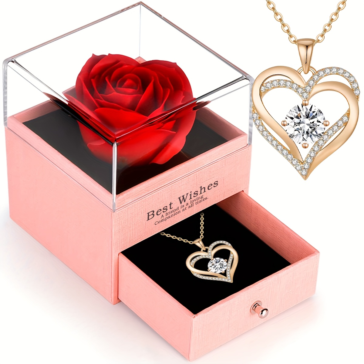 Image of Artificial Rose Gift Set With Heart Pendant Necklace - Ideal For Mother, Wife, Girlfriend, Best Friend - Perfect For Christmas, Valentine's Day, Mother's Day, Anniversaries, And Birthdays