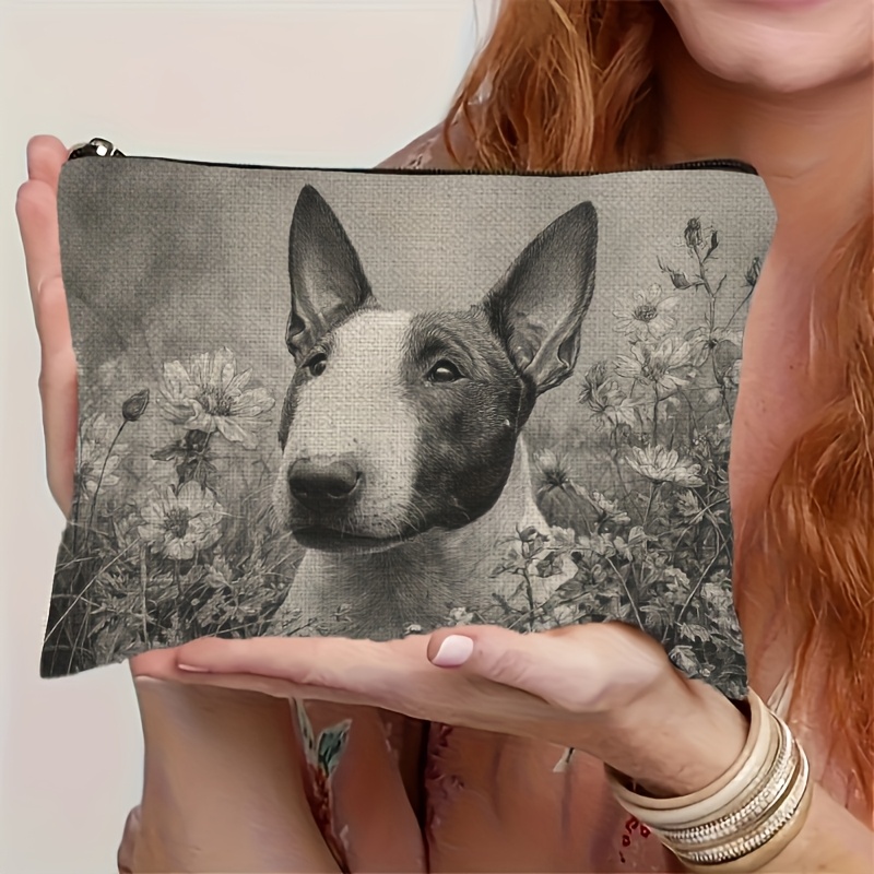 TEMU 1 Portable Zippered Cosmetics Pouch Featuring A Side Profile Of A Graphic Bull Terrier Surrounded By Flowers And Plants