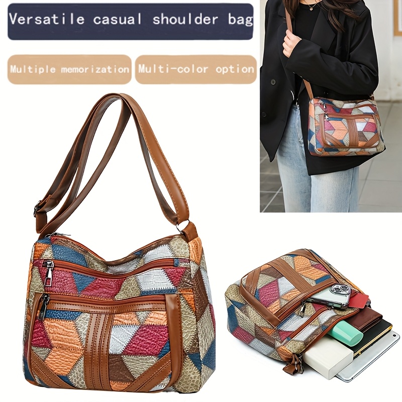 

Sac Bandoulière Décontracté pour Femme - Coutures Géométriques Colorées, Bandoulière Ajustable, Compartiments Multiples, Fermeture Éclair, Rouge