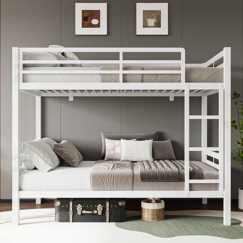 77 5 l heavy duty twin over twin bunk bed with full length and ladder brown white options easy to assemble suitable for shared bedroom