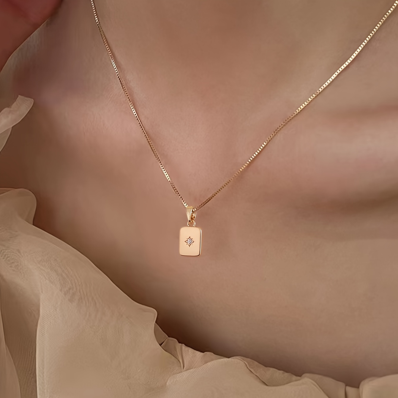 1pc Original Classic Pave Sparkling Zirconia Rectangular Pendant Necklace, Suitable For Women' And Vacation Wear