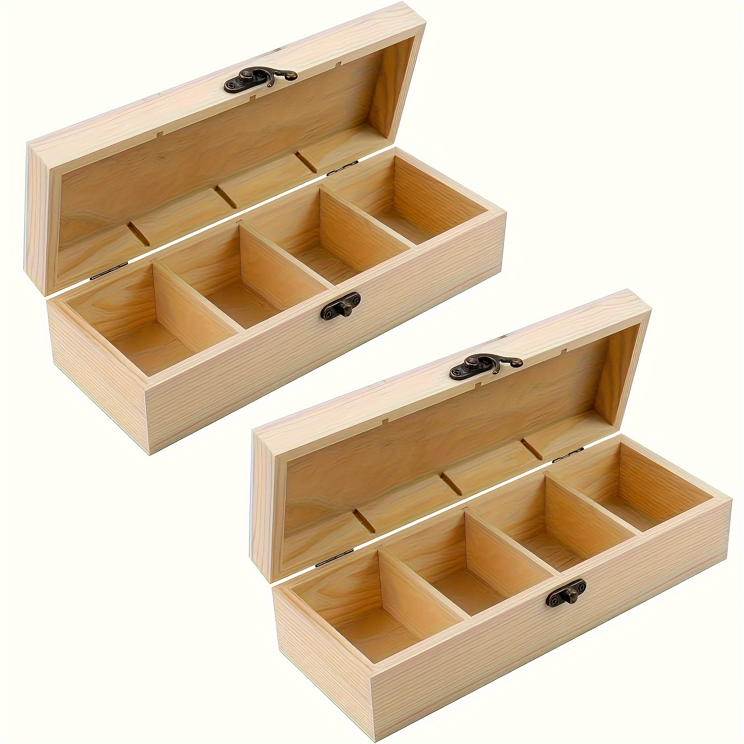 

1pc Rustic Unfinished Wooden Storage Box With Hinged Lid - 4-compartment Organizer For Crafts, Keepsakes, Spices, Nuts, Jewelry, Cards & - Smooth, Polished Wood For Diy Projects & Gifts