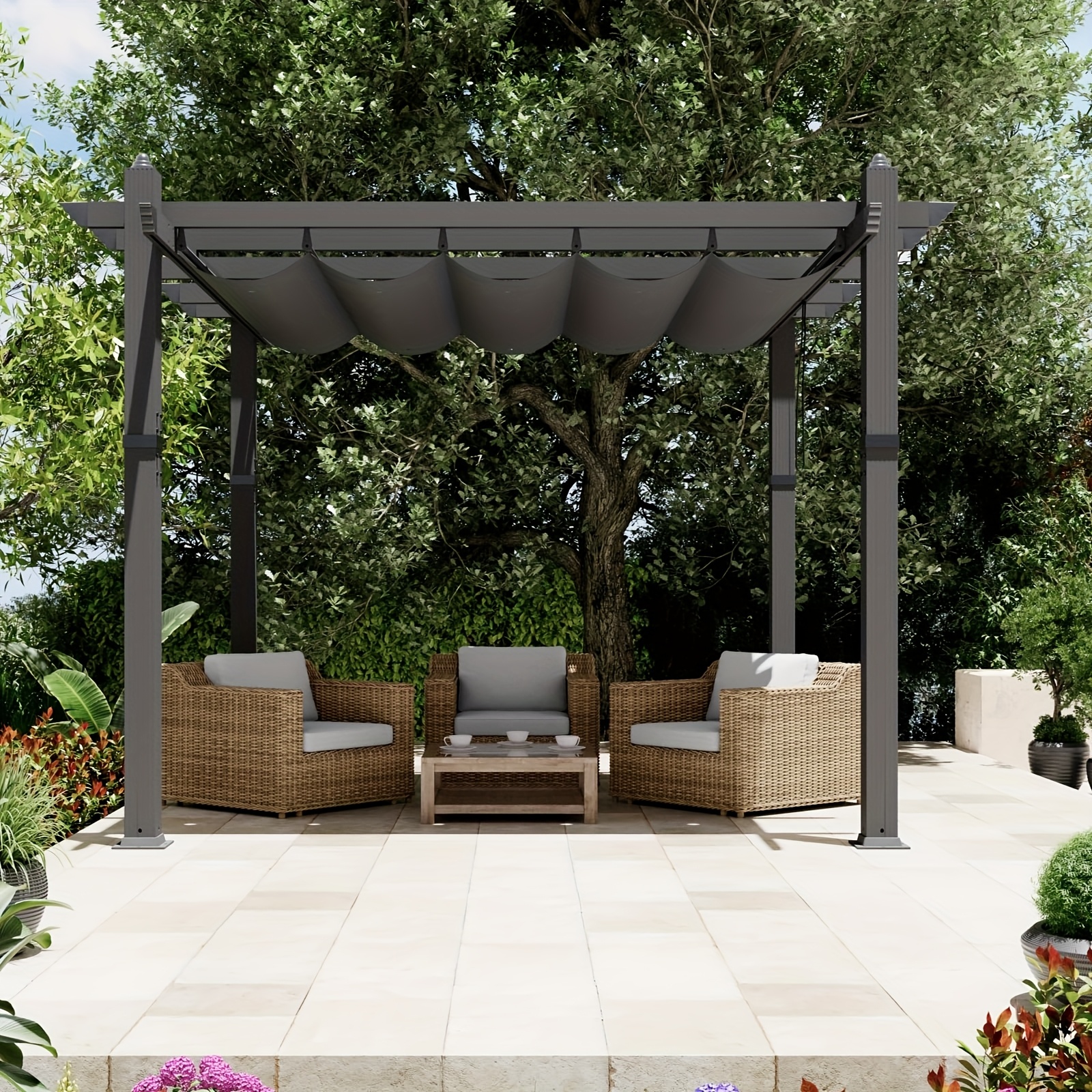 10x10ft Aluminum Pergola, Outdoor Metal Pergola with Adjustable Canopy, Reinforced Frame Outdoor Shelter for Backyard, Lawn And Deck - Gray