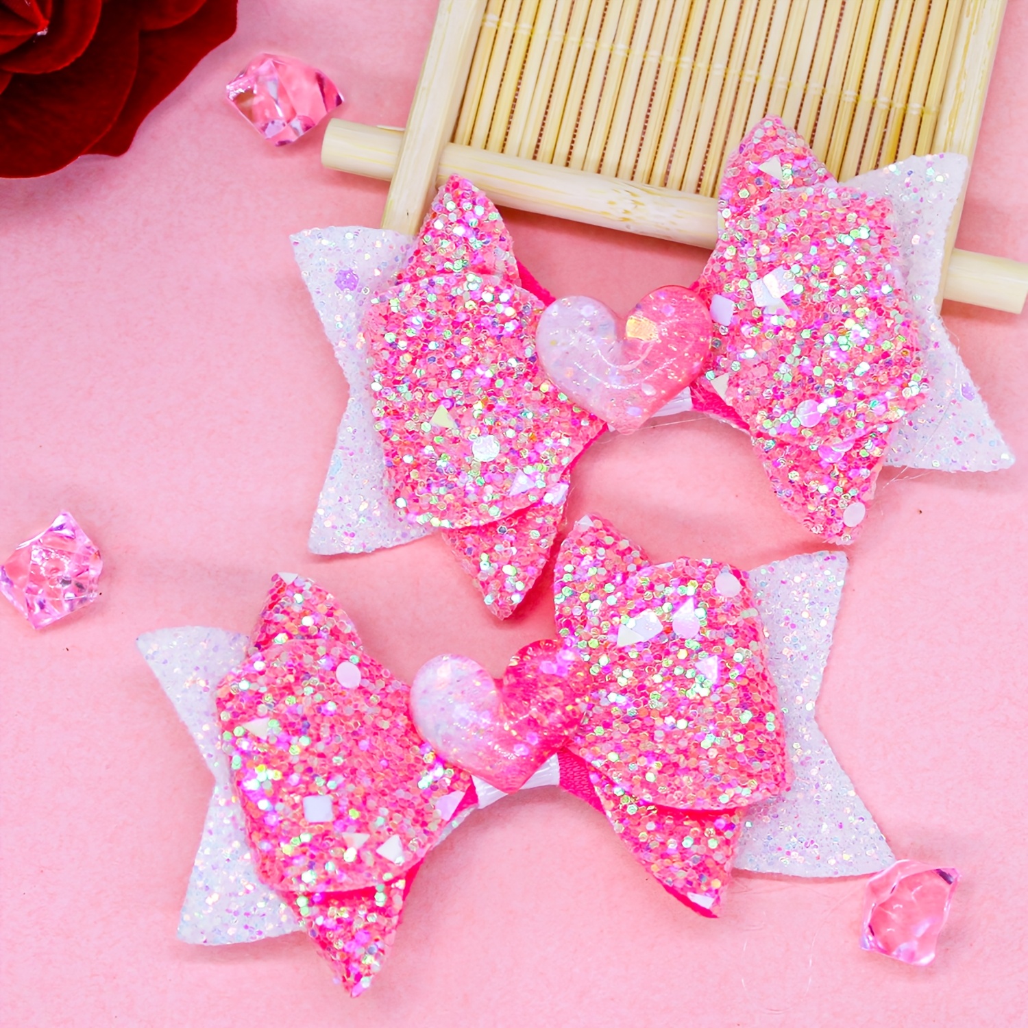 

2 Simple Glitter Bow Hair Clips Love Valentine's Day Daily Party Hair Accessories