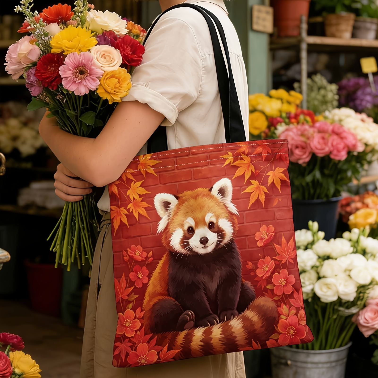 TEMU 1pc Shopper Bag, Bag, Solid Tote Bag, Reusable Fashionable Shopping Bag, Red Panda, Leaves, Brick Background, Suitable For Daily Commuting,