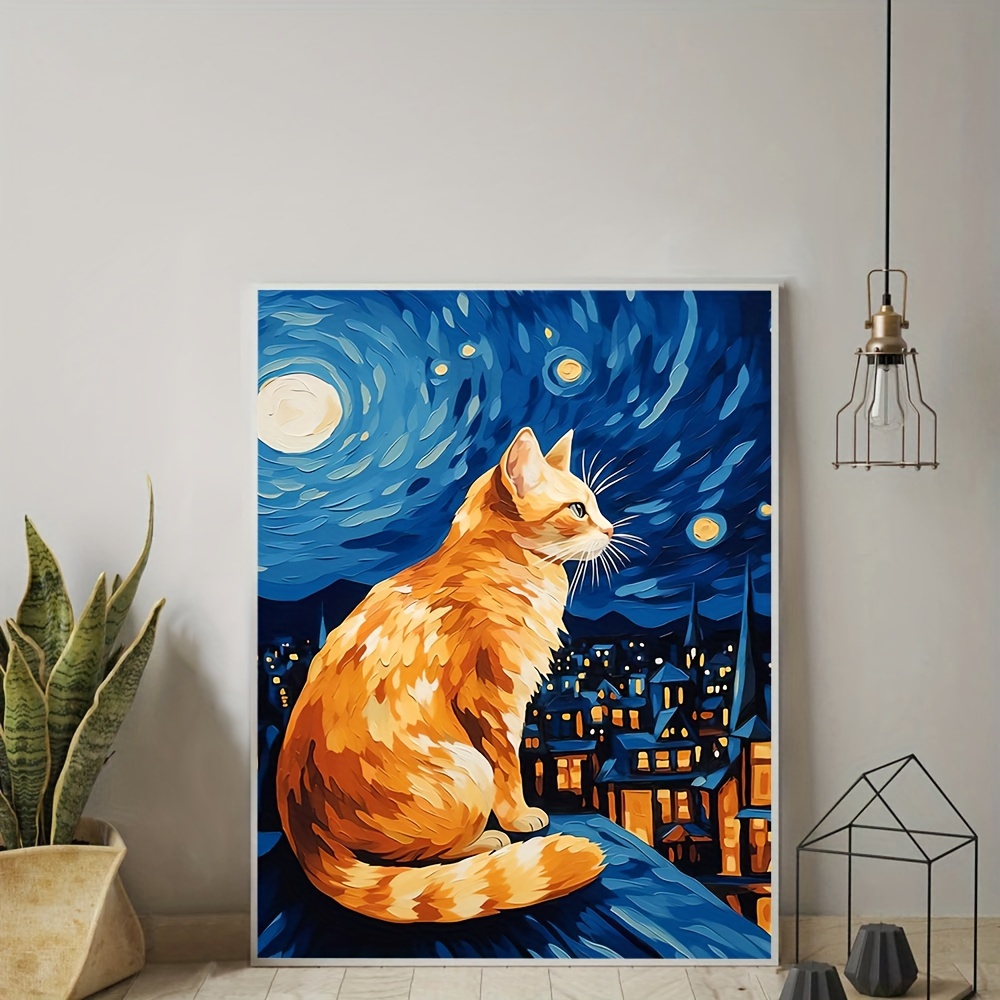 星空の都市風景と猫の絵が描かれた、額なしのクリエイティブキャンバス 