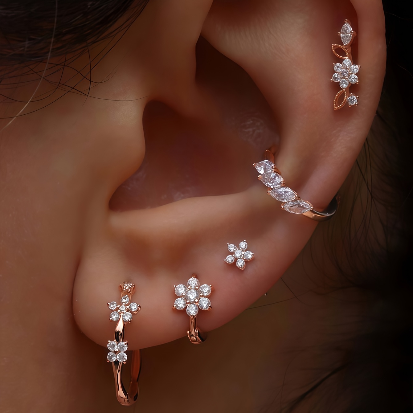 5pcs Exquisite Floral Synthetic Zirconia Stud Earrings Set