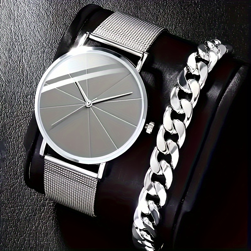 

2pcs/set Men's Business Leisure Quartz Watch Stainless Steel Mesh Band Wrist Watch & Bracelet, Father's Day Valentine's Day Gift For Him
