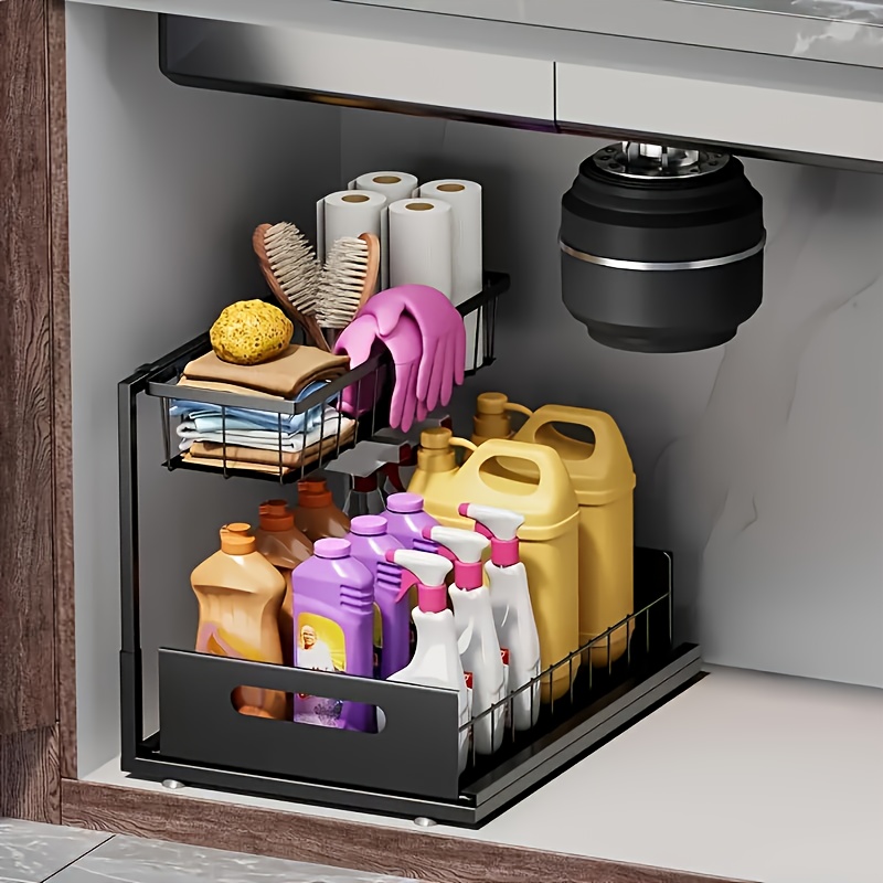 Organisateur Sous évier 2 Niveaux Coulissant - Métal, Hauteur Réglable 41-49 Cm, Noir - 2