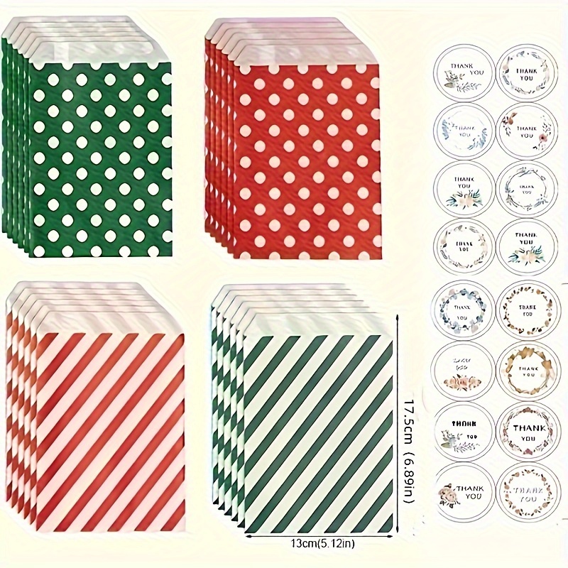 

28-pack Gift Bags With Stickers, Assorted Red & Green Polka Dot And Striped Designs, Rectangular, , Disposable Paper Bags For Christmas And Thanksgiving Party Favors, Small Business Supplies