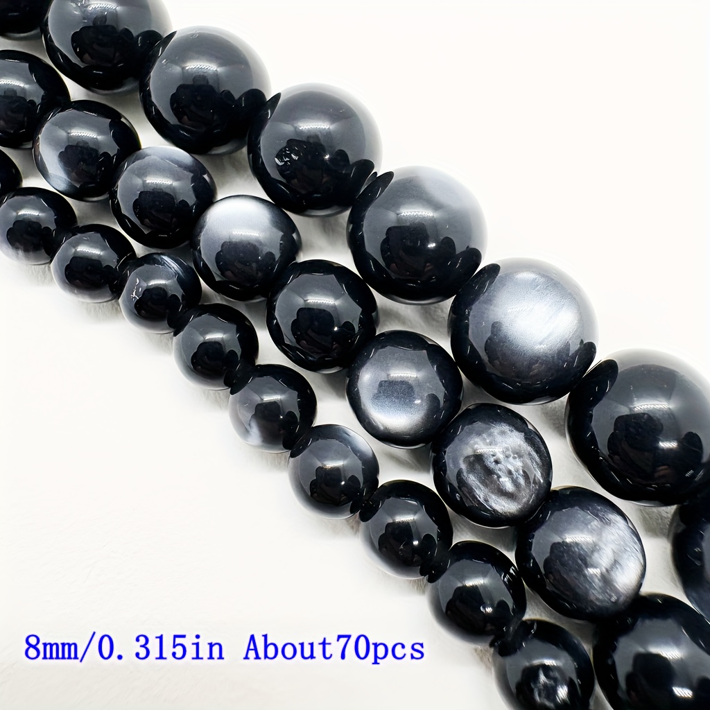 E-shop Katzenaugen-Effekt Perlen DIY Bastelbedarf - Schwarze -Harz Rundperlen, Glatte Oberfläche, Gerade Bohrungen, 6/8/10mm (90/70/60 Stück Packung)