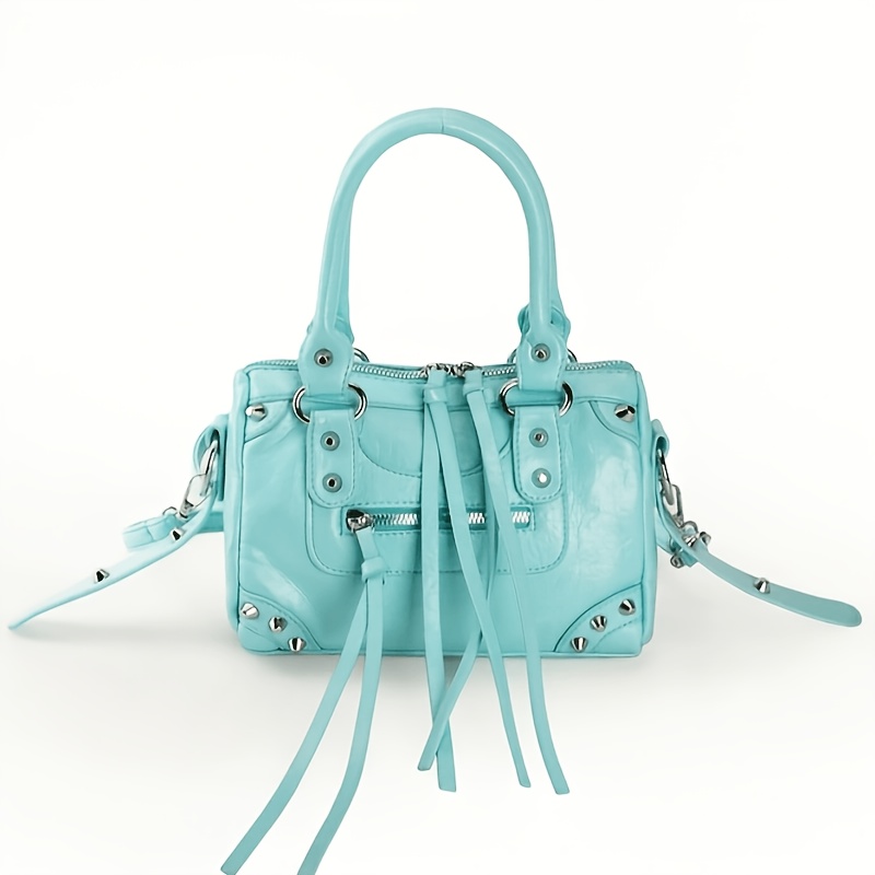 TEMU Yp Women' Mint Green Mini With Adjustable Strap & Zipper Closure - Y2k Crossbody Shoulder Purse, Rivet Tassel Top Handle Handbag Suitable For