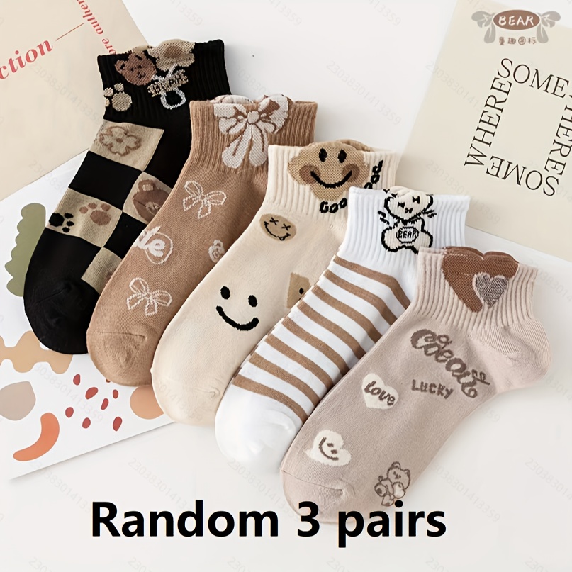 TEMU Lot de 3 paires aléatoires de chaussettes bateau pour femme avec ours de dessin animé et nœud papillon, chaussettes de cheville mignonnes,