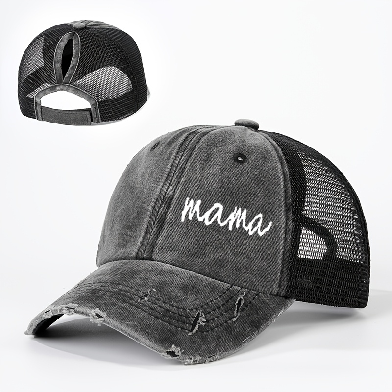 TEMU A Stylish Summer For Men And Women, Featuring An Embroidered 'mama' Design, A Distressed Ponytail Mesh, And An , Perfect For Golf And Y2k-themed