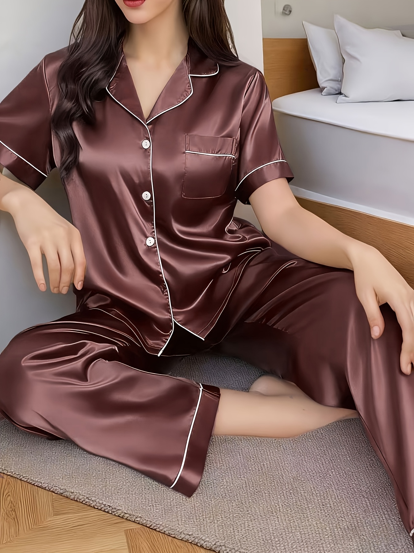 satin spring and summer loungewear for women featuring short sleeves long pants a easy design and a collared cardigan Product details 0