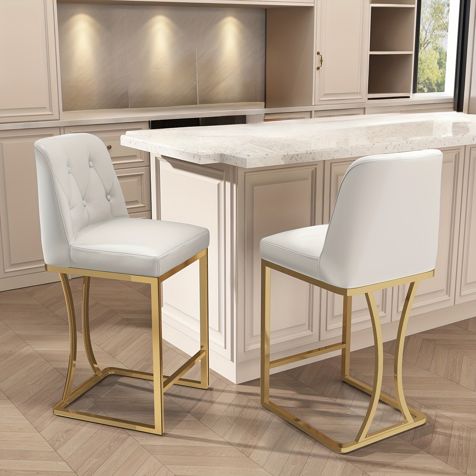 

24" Counter Height Bar Stools Set Of 2, White Bar Stools With Back And Gold Metal Frame, Modern Luxury Barstools With Footrest, Upholstered Pu Leather Counter Stools For Kitchen Island