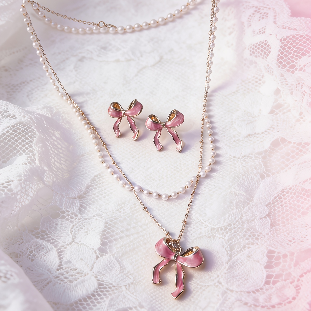 TEMU Sweet And Romantic Enamel Drip Oil Pink Bow Necklace + Earrings 2pcs Set, Perfect As A Valentine's Day Or Birthday Gift For Women, Jewelry