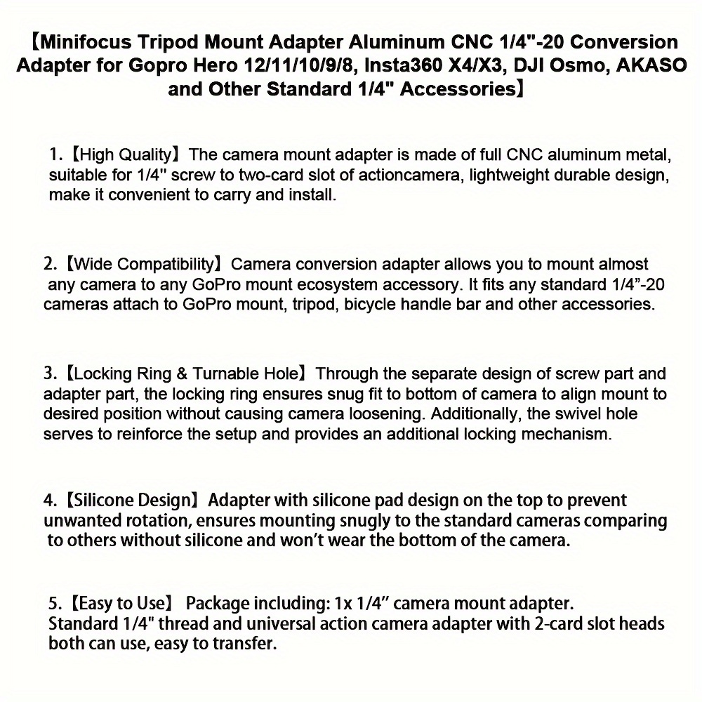 aluminum cnc 1   adapter for gopro hero 12 11 10 9 8  360 x4 x3     and more standard 1 4 accessories details 0