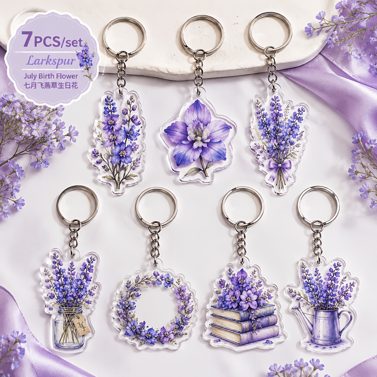 TEMU 2D - Llaveros Acrílicos de 2D con 7 Flores Moradas, Llaveros Estéticos con Diseño de Flores de Lavanda, Adornos para Bolsos, Regalos