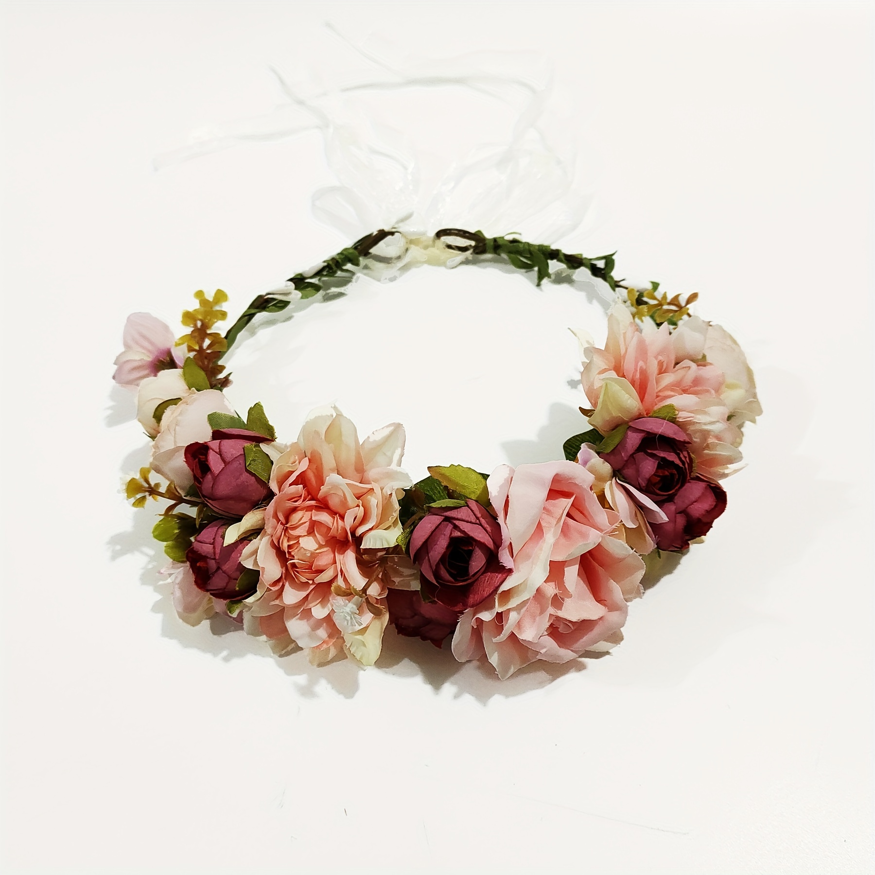 Image of 1pc Women's Handmade Adjustable Floral Headband, Bohemian Style Rose Flower Crown With Ribbon For Photos, Weddings, Festivals, And Parties