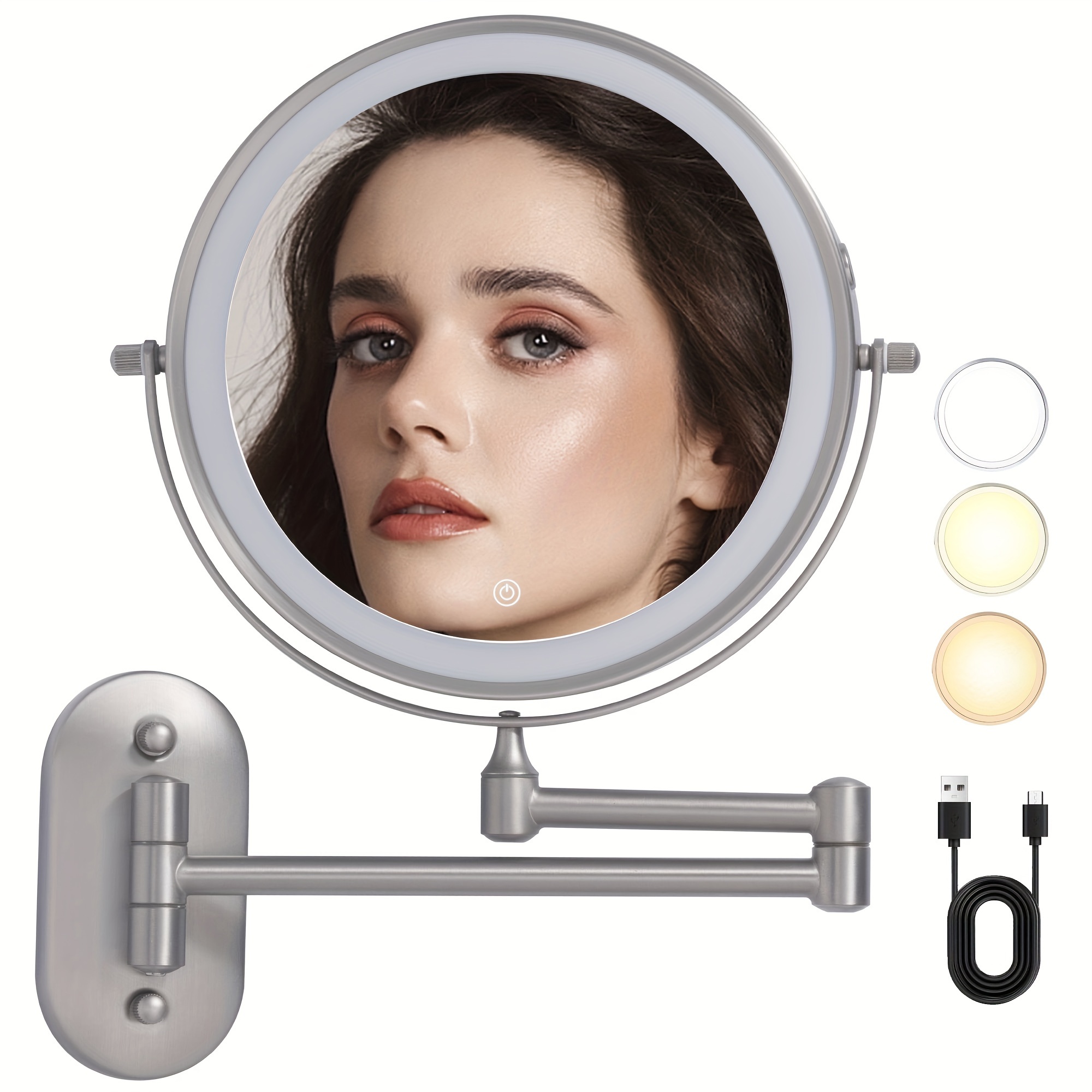 

Miroir de maquillage mural TUshengtu 8 pouces avec lumière, grossissement 1X avec loupe 10X, double face HD, bras pliable rétractable, couleur nickel, chargement USB