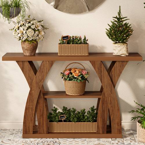 55 wooden rustic console table x shaped leg design 2 tier shelf multifunctional storage suitable for use behind the the living room in in the entrance hall or at the entrance light brown and tiger brown