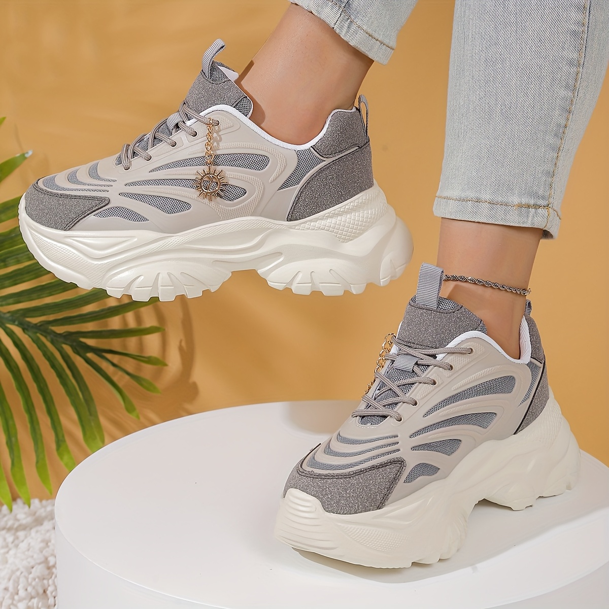 zapatillas de plataforma gruesa transpirables para mujer con   gruesa y   metálico -     para aumentar  , adecuadas para casual,   -   acolchada (uso todo el año) 9