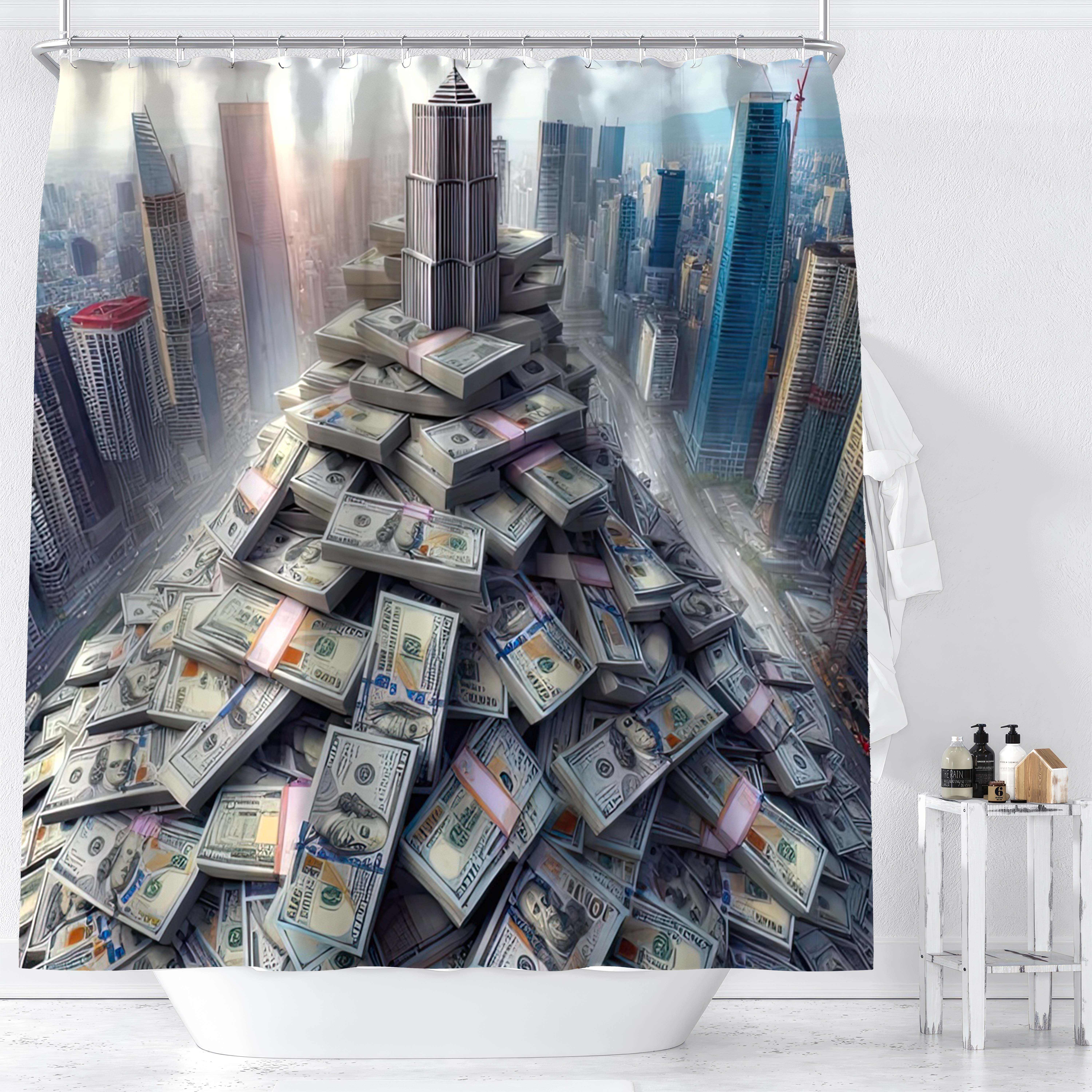 

1pc, 3d City Skyscrapers & Cash Pile Digital Print Shower Curtain, Waterproof Bathroom Decor With Hooks