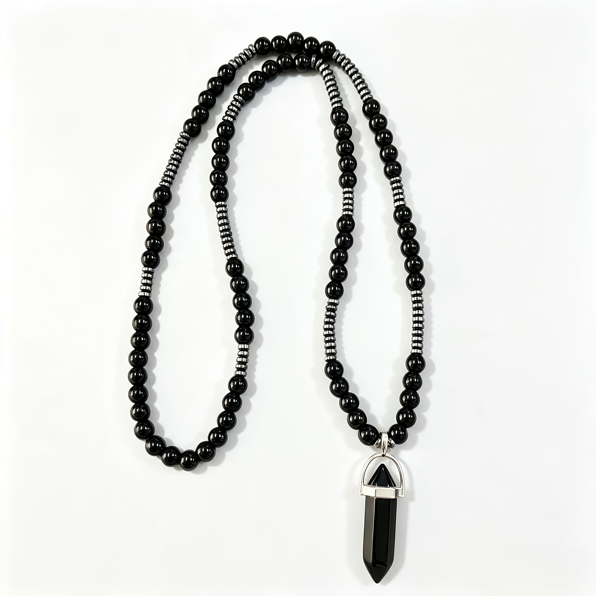 TEMU 1pc Natural Obsidian Men's Beaded Necklace - Birthstone Gift Suitable For Daily Wear, -free Column Pendant With Hematite Spacers, Minimalist For