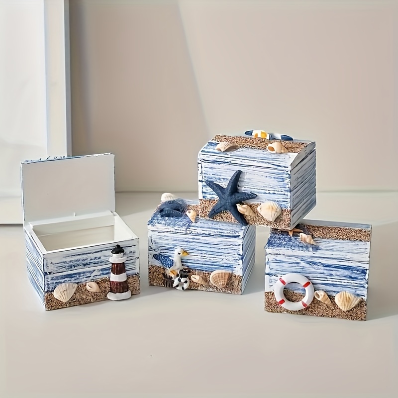 

1pc Nautical Theme Wooden Storage Box With Seashell Embellishments, Waterproof Multipurpose Decorative Chest With Lid, Use Without Electricity - Wooden Trinket Case