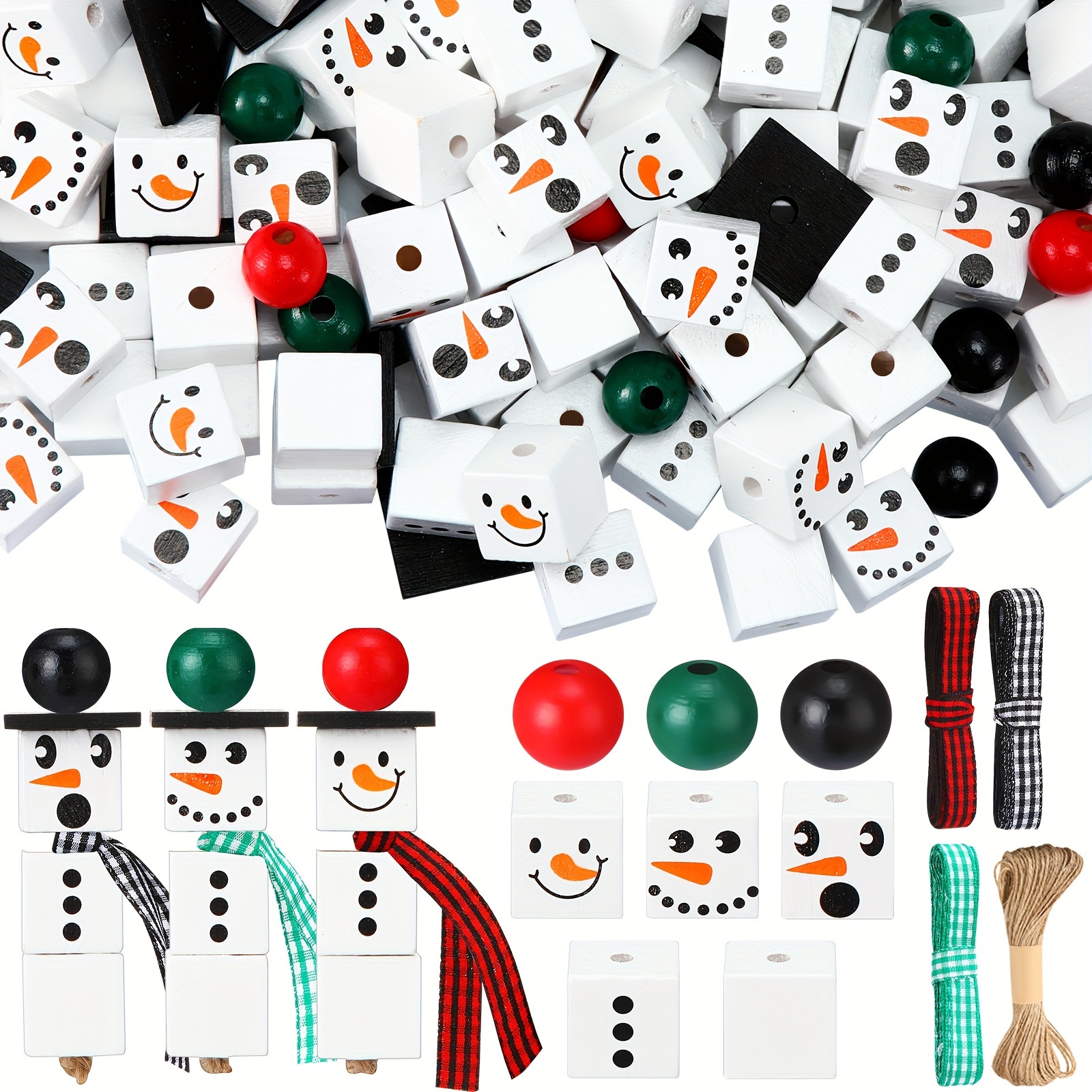 

300 Pcs Christmas Wooden Beads Snowman Beads For Crafts Wood Bead Diy Christmas Ornaments Christmas Snowman Buffalo Plaid Beads With Twine Scarf For Christmas Party Home Decor (red Green Black)
