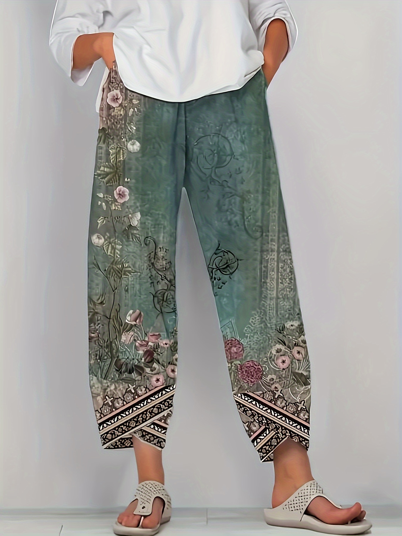Floral Print Straight Leg Pants, Casual Elastic Waist Asymmetric Hem Pants For Spring & Summer, Women's Clothing