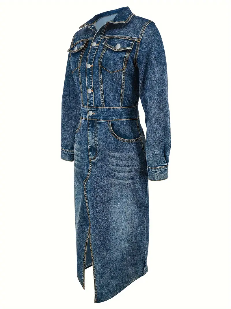 womens straight fit long sleeve denim dress elegant casual womens clothing denim details 3