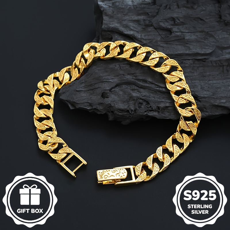 1pc 18k Gold Plated Retro Light Luxury Cuban Chain Men's Bracelet, Embossed Pattern Thick Chain Design High-quality Golden Metal Jewelry, Suitable For Men And Women Daily Festival Party Gift Wear