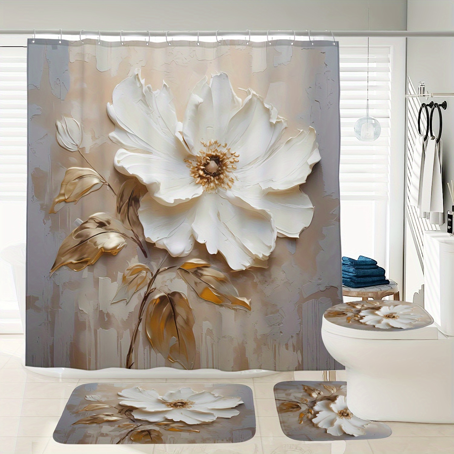 

1/3/4pcs 3d Flowers Pattern Digital Printed Waterproof Shower Curtain Toilet Seat Bath Mat Set, With 12 Plastic Hooks