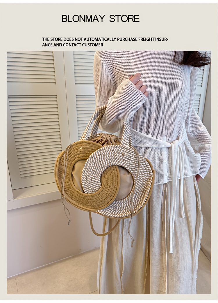 Women's Single-Shoulder Bag, Fashionable Color-Block Woven Bag, Beach Bag, Handbag, Large Capacity, Versatile, Travel, Vacation, Tote Bag, Crossbody Bag, Hand-Carry Bag, Shopping Bag