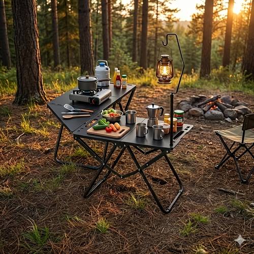 portable lightweight foldable metal outdoor table lightweight bag accessory sports and outdoor gear sturdy iron construction black suitable for camping hunting