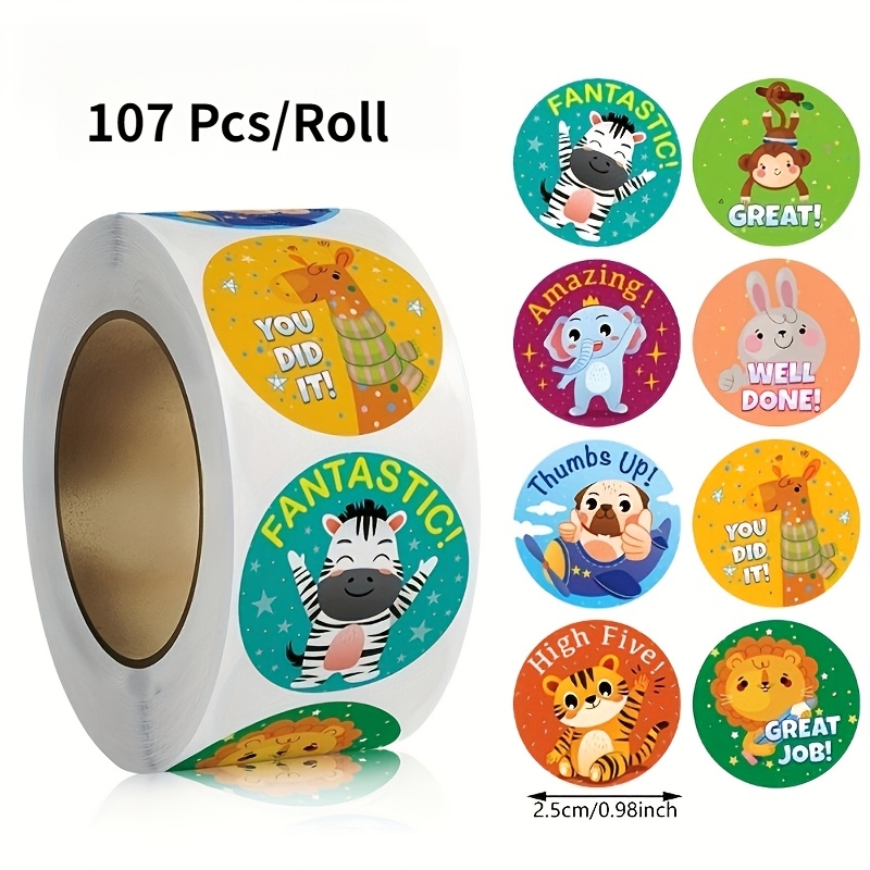 TEMU Adesivi inglesi di incoraggiamento a tema animali da 107 fogli/rotolo con adesivi bonus