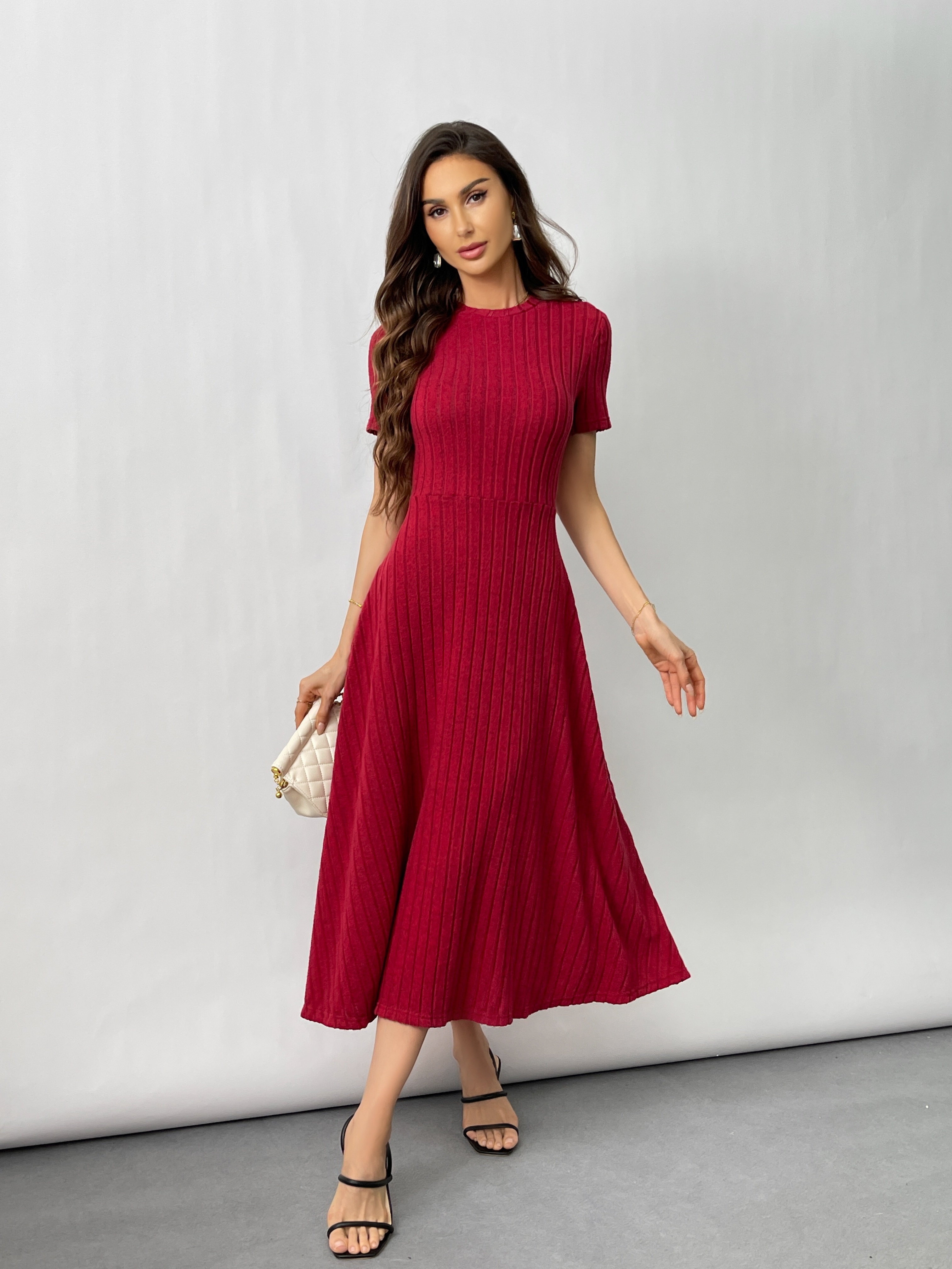 womens elegant fit short sleeve dress burgundy long - Temu Portugal