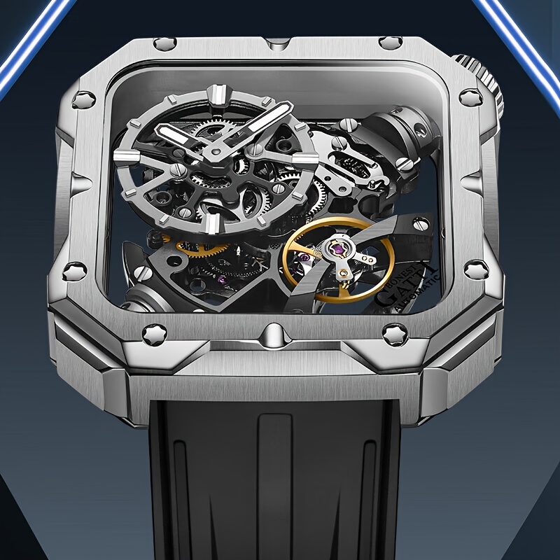 Men's Classic Square Skeleton Mechanical Watch with Fluoroelastomer Strap