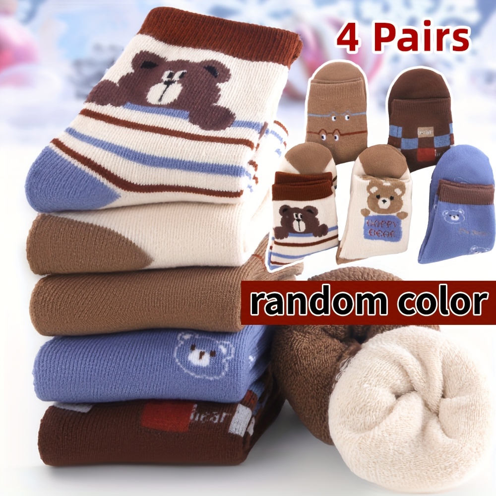 Image of 4 Pairs Thick Socks Fall Winter Warm Fleece Socks Boys Fleece Mid-calf Socks Suitable For Cold Weather Wearing Knit Socks, Color Random