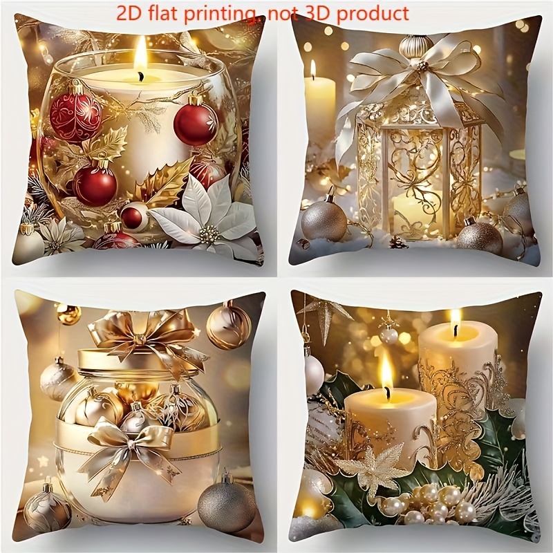 TEMU A 2d Print, Not A 3d Product. Set Of 4 Pillowcases With A Golden-stamped Christmas Theme Featuring Lanterns, Candles, And Holly. Suitable For